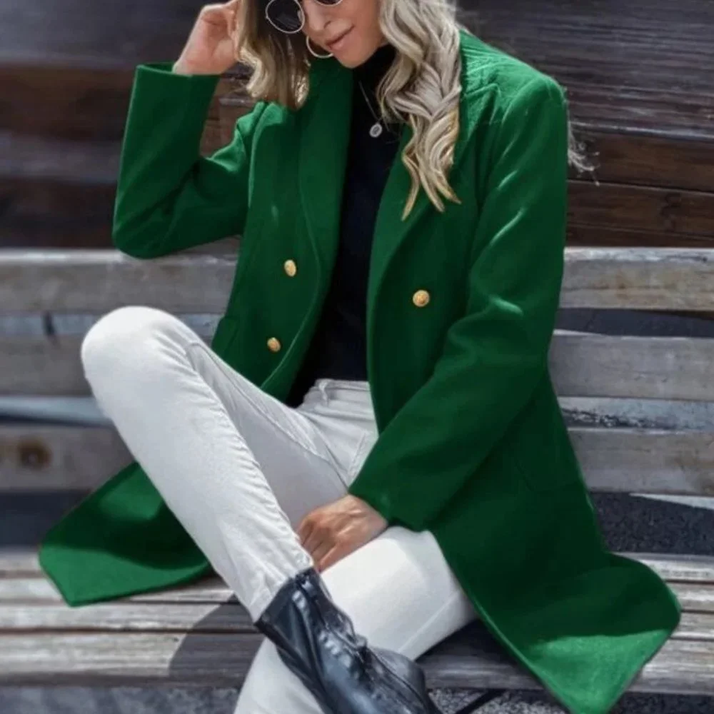 Double Breasted Lapel Collar Button Up pocketed Overcoat GREEN - Picture 6 of 8